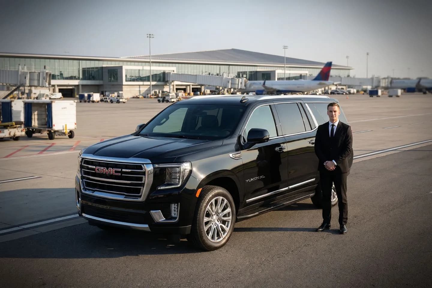 Executive car service waiting at Chicago O'Hare International terminal entrance