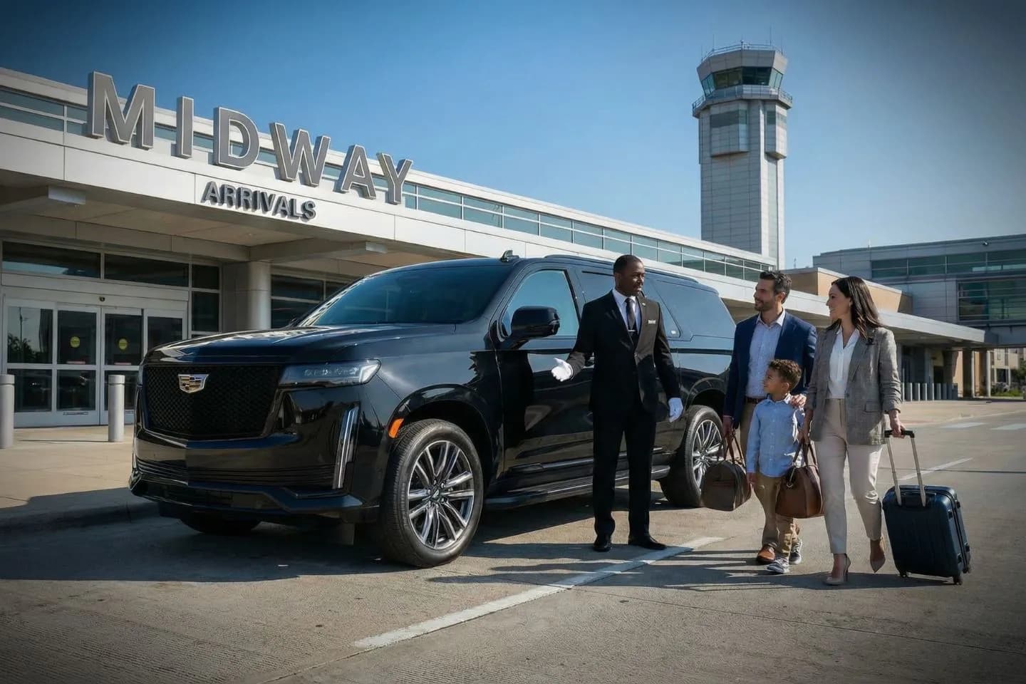 Black luxury sedan parked at Chicago Midway International Airport terminal