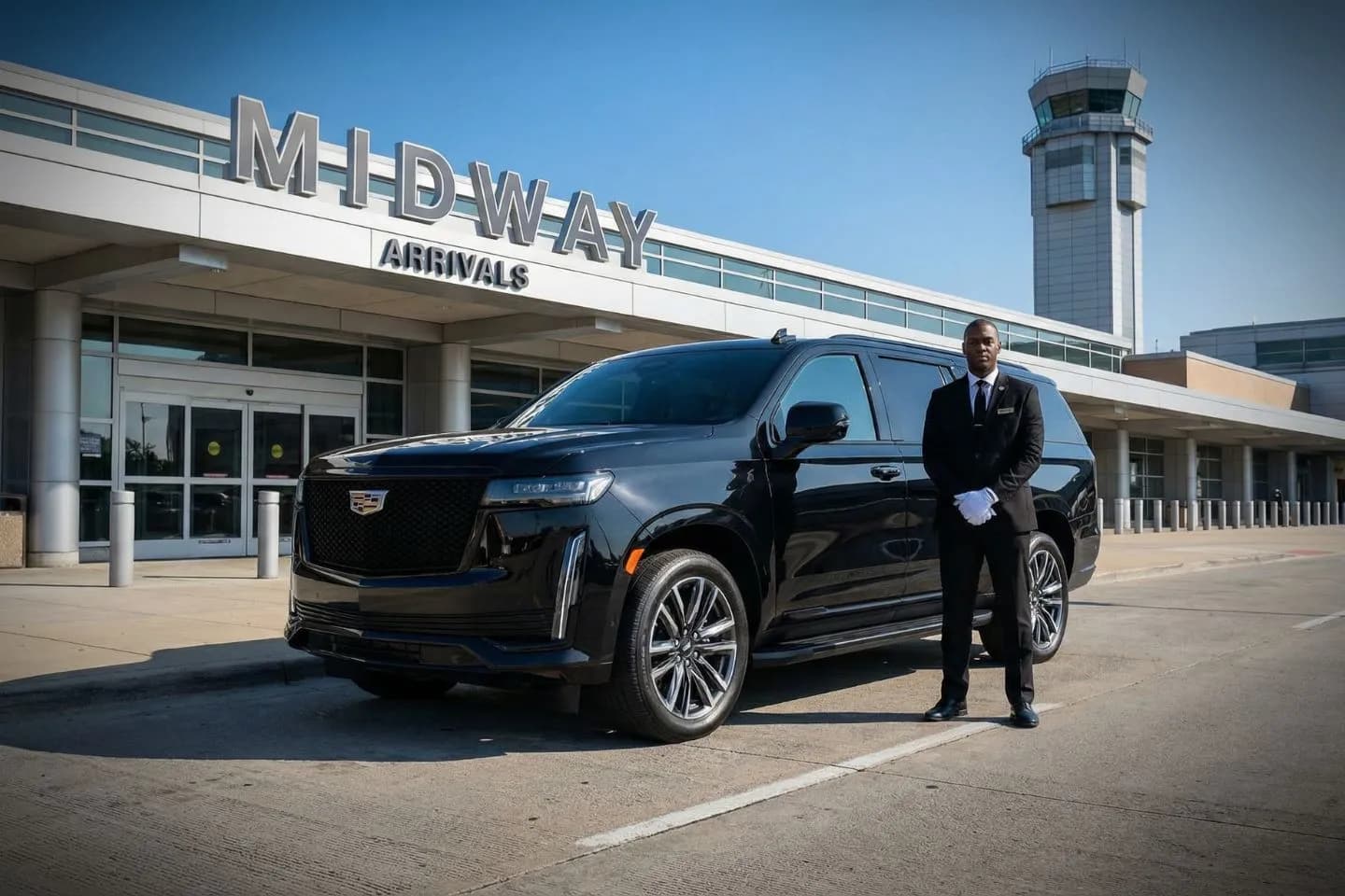 Executive car service arriving at Chicago Midway terminal entrance