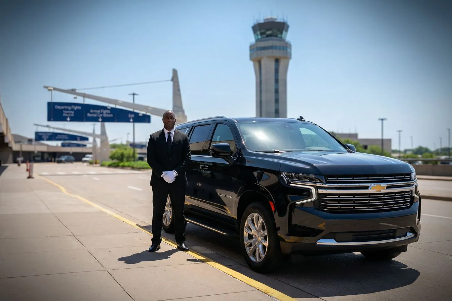 Black luxury sedan parked outside Quad City International Airport in Moline