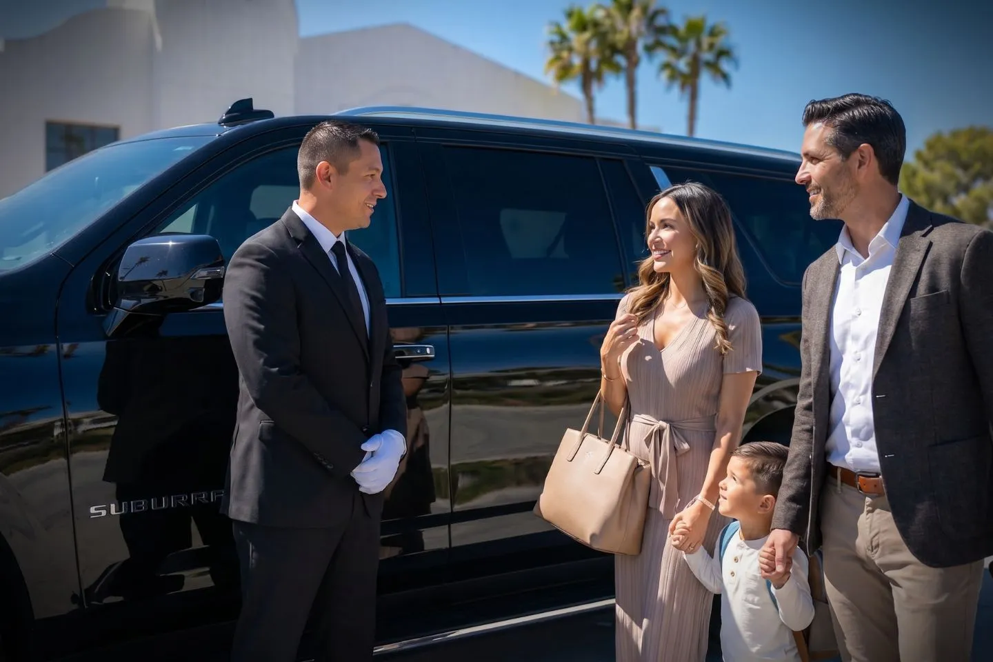Black BMW 7 Series chauffeured car at SBA airport curbside for ride to Santa Ynez wine country
