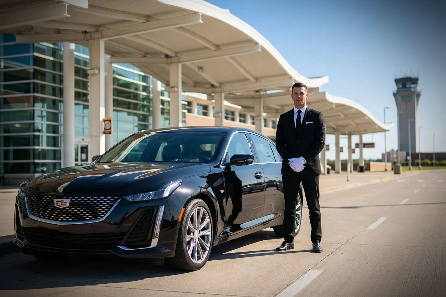 Black luxury sedan parked at General Wayne A. Downing Peoria International Airport