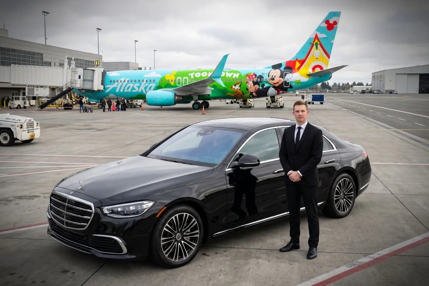 Luxury black sedan at Charles M Schulz Sonoma County Airport STS terminal in Santa Rosa
