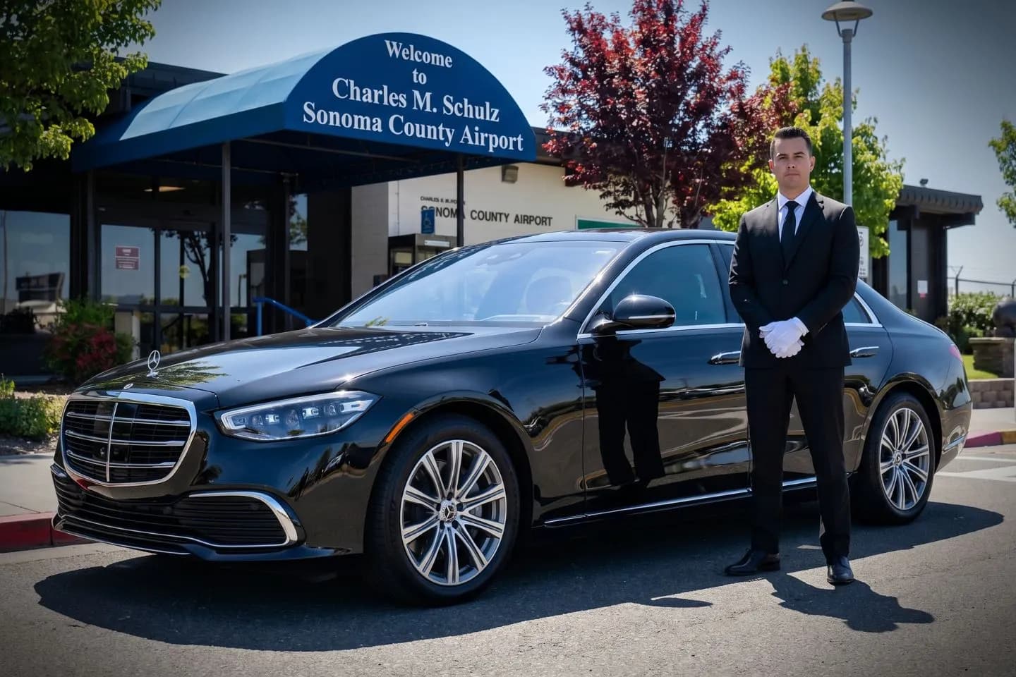 Union Limousine chauffeur greeting wine tour group at STS Sonoma County airport