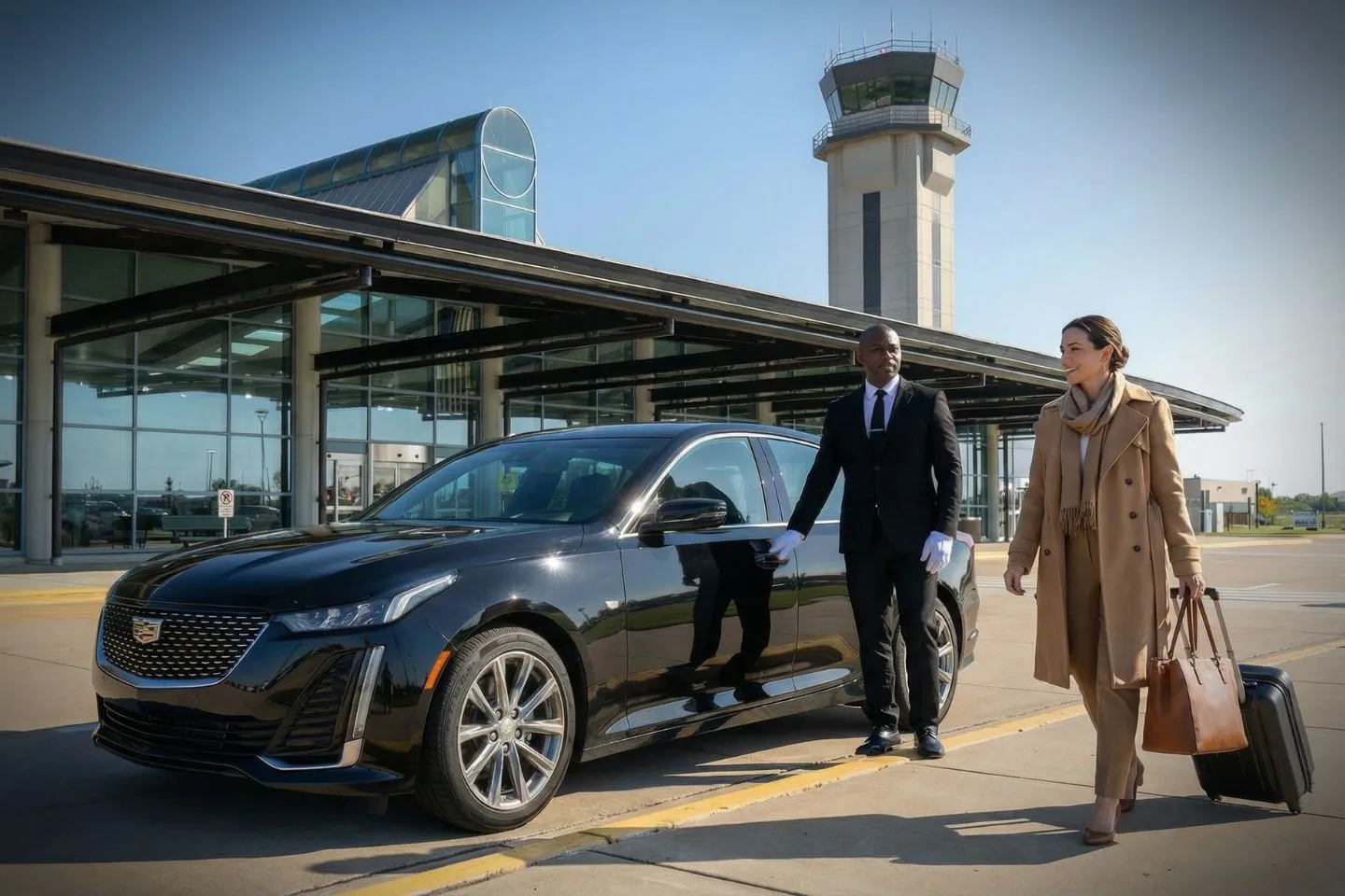 Black luxury sedan parked at University of Illinois Willard Airport terminal