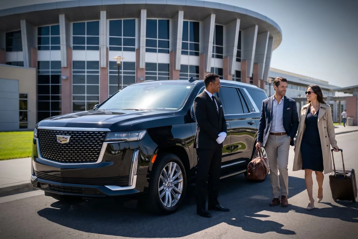 Luxury black sedan at Meadows Field Airport BFL terminal in Bakersfield California