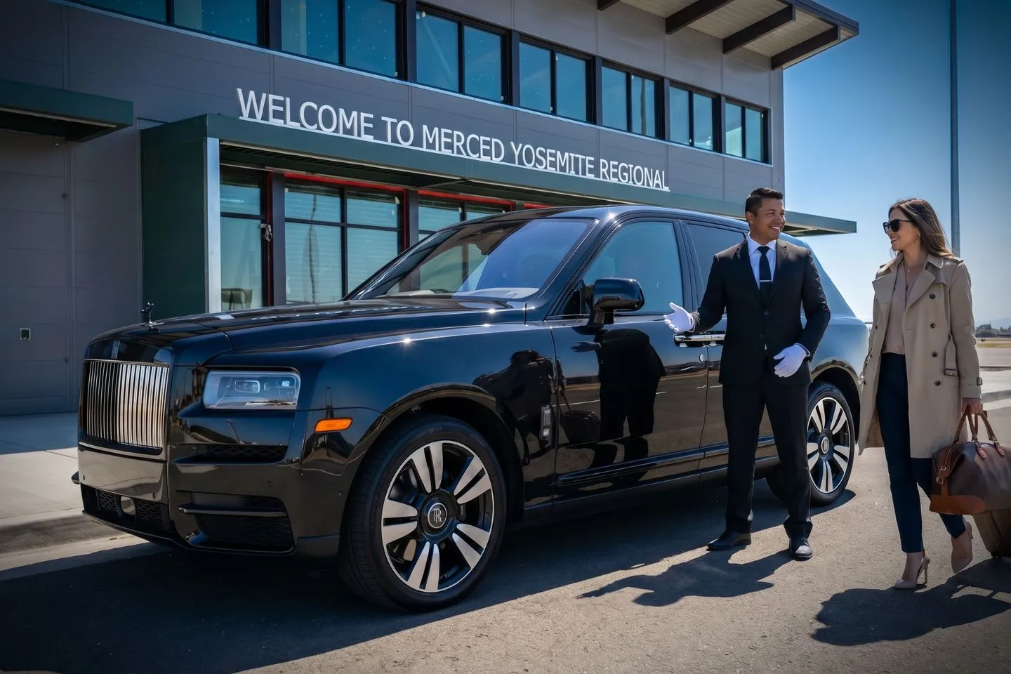 Luxury black sedan at Merced Regional Airport MCE terminal in California