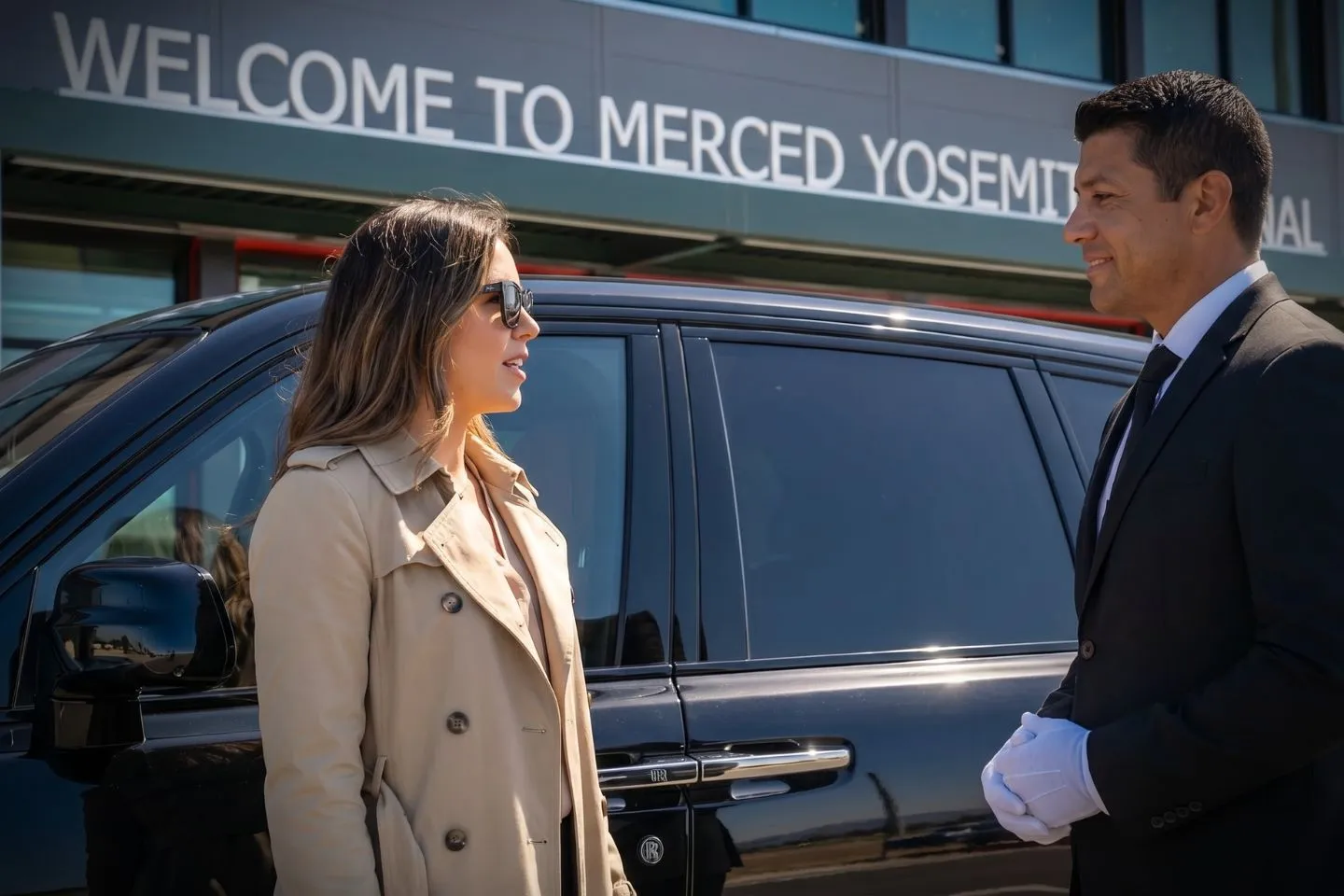 Union Limousine chauffeur greeting UC Merced parent at MCE Merced Regional airport
