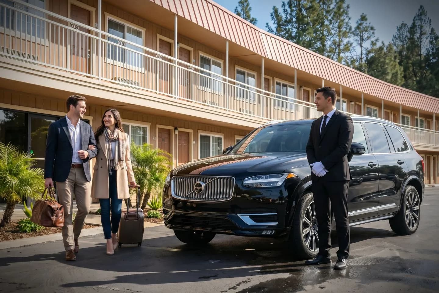 Black BMW 7 Series chauffeured car at Ukiah airport for ride to Hopland and Boonville