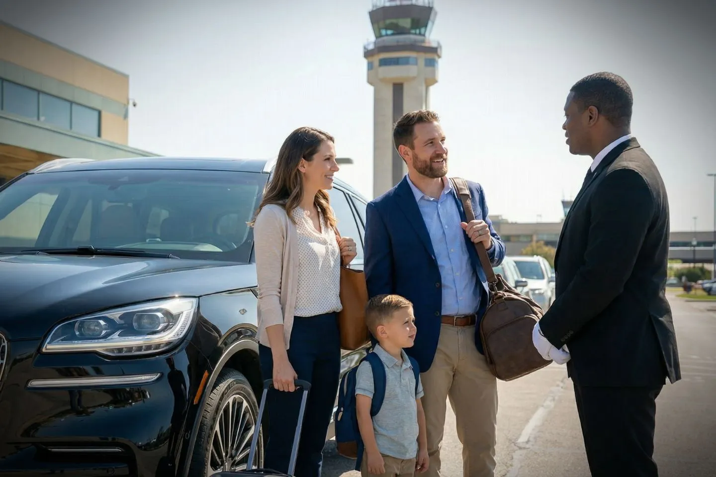 Professional chauffeur greeting client at Rockford Airport arrivals area