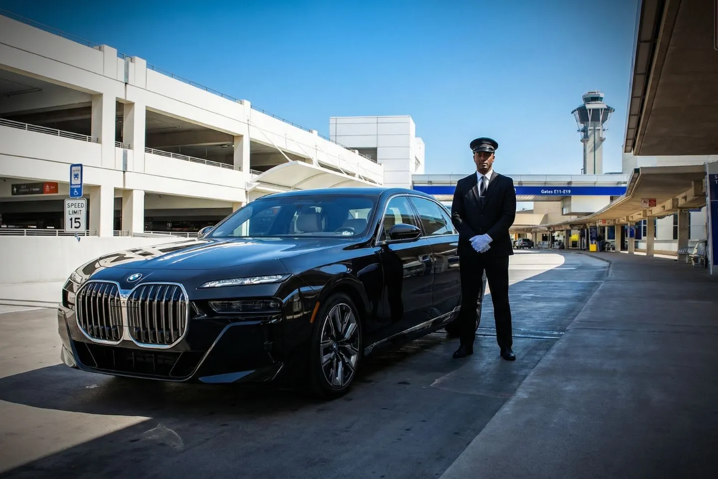 Black luxury sedan parked at Dallas Fort Worth International Airport terminal