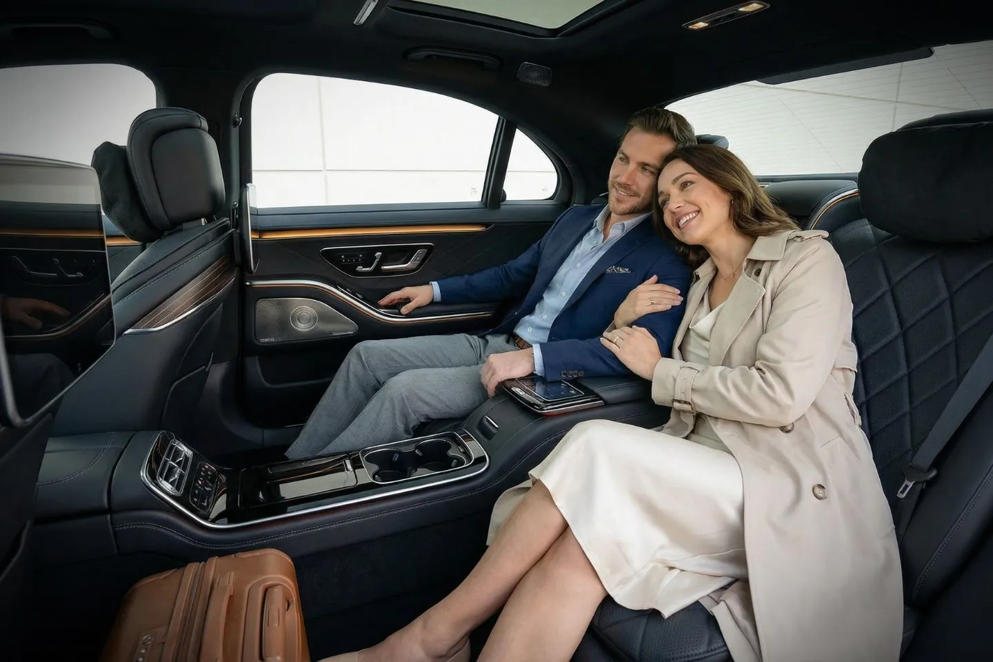Interior of luxury sedan offering Logan International BOS airport transportation in Massachusetts