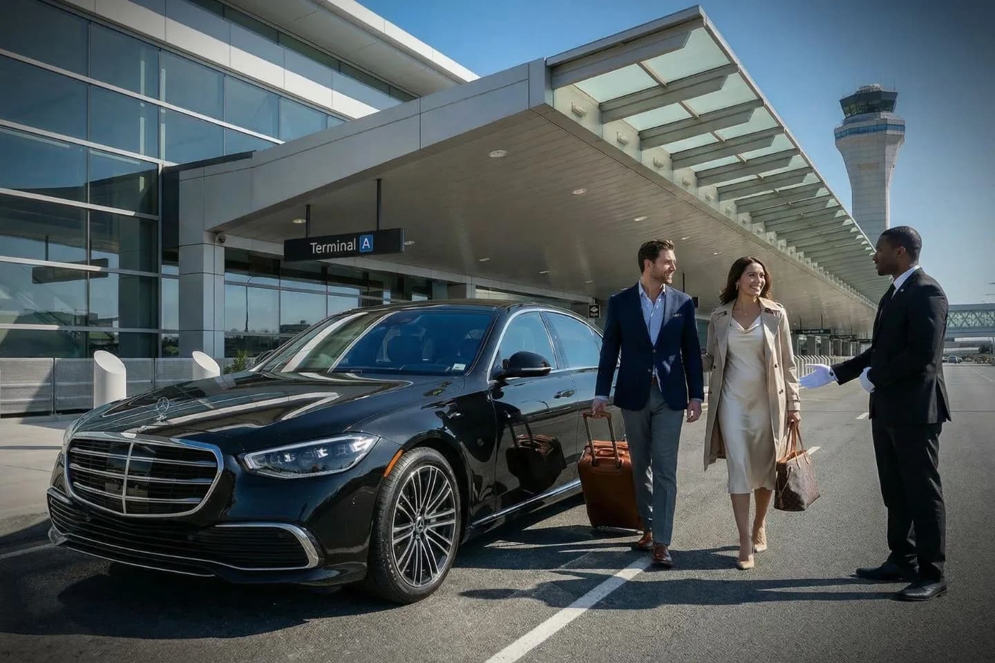 Luxury black Mercedes Benz S Class at Boston Logan International Airport BOS Terminal A curbside