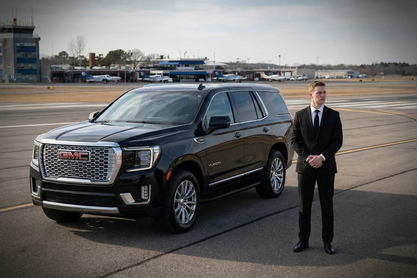 Luxury black sedan at Cape Cod Gateway Barnstable Municipal Airport HYA terminal in Hyannis