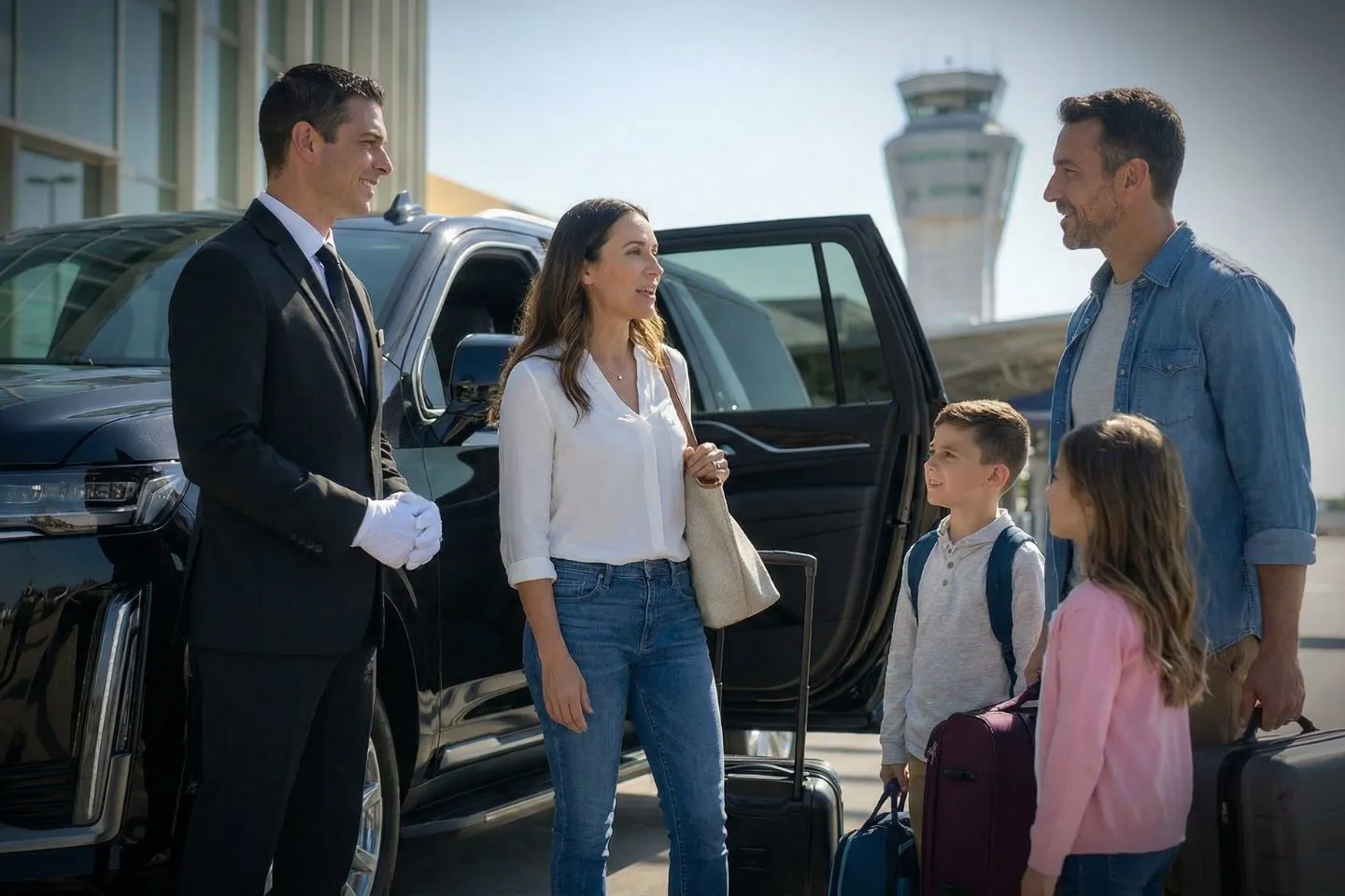 Professional chauffeur greeting passenger at AUS airport arrivals