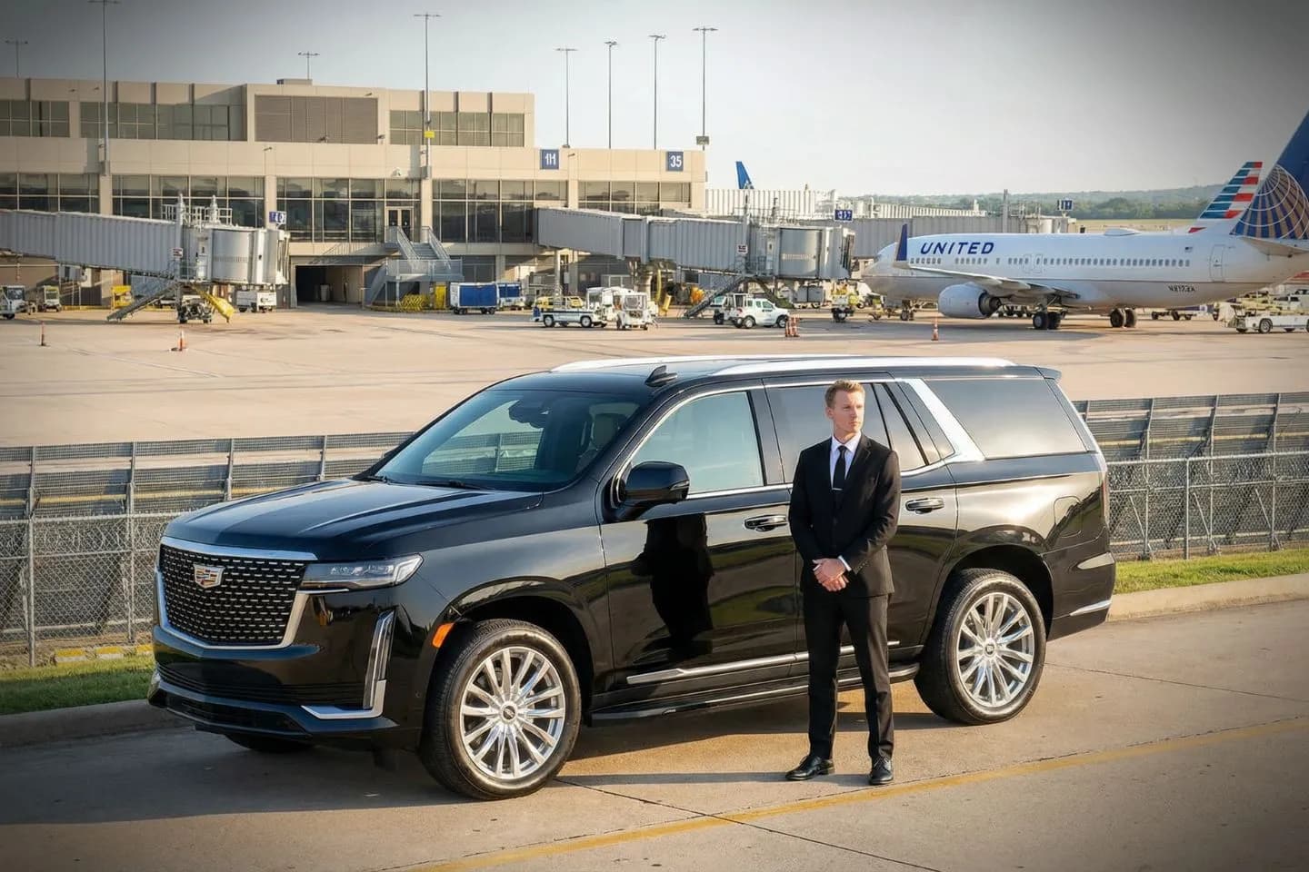 Black luxury sedan parked outside Austin-Bergstrom International Airport terminal