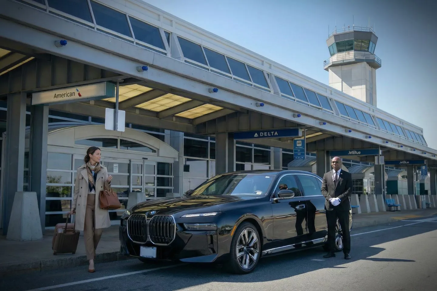 Luxury black sedan at Worcester Regional Airport ORH terminal in central Massachusetts