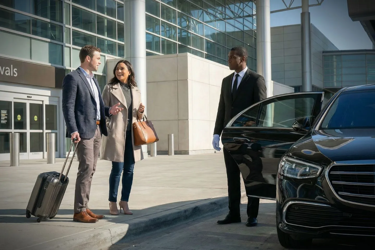Professional chauffeur greeting client at IAH arrivals hall