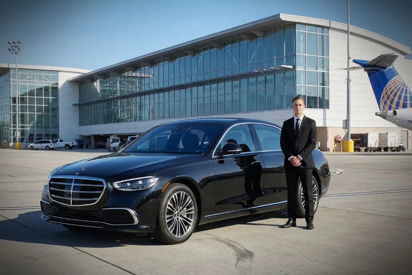 Black luxury sedan parked at George Bush Intercontinental Airport terminal in Houston