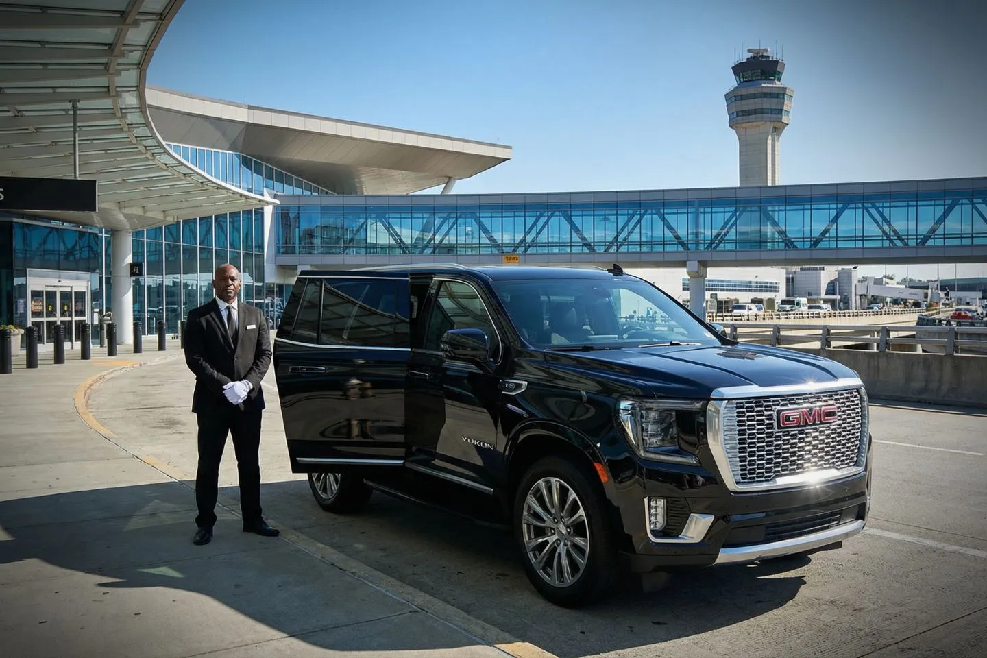 Black luxury sedan parked at William P. Hobby Airport terminal in Houston