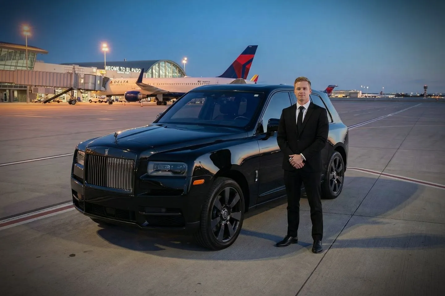 Executive car service waiting at El Paso International terminal entrance