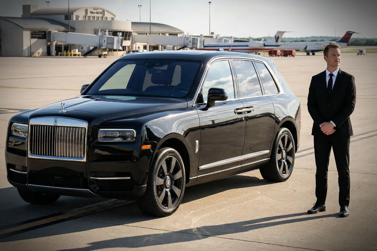 Black luxury sedan parked at Killeen-Fort Hood Regional Airport terminal