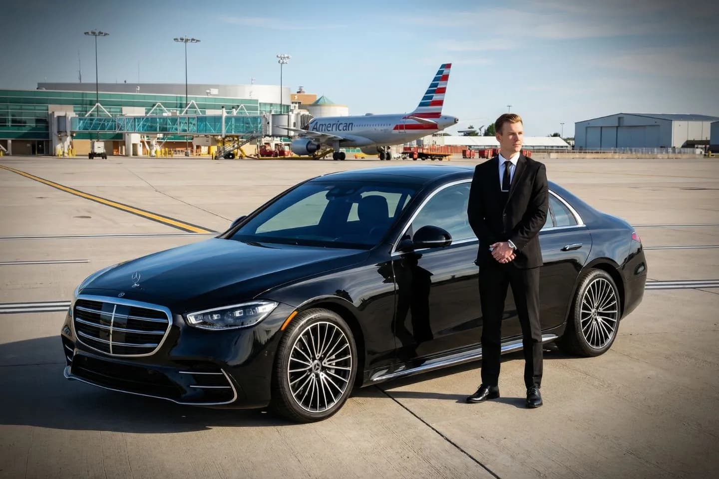 Black luxury sedan parked at Amarillo Rick Husband International Airport terminal