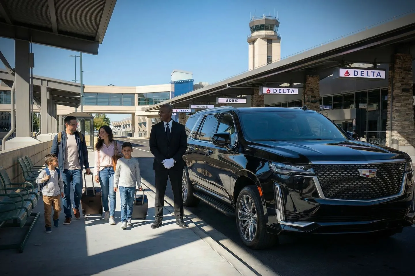 Union Limousine chauffeur greeting ski group guest at RNO Reno Tahoe airport baggage claim