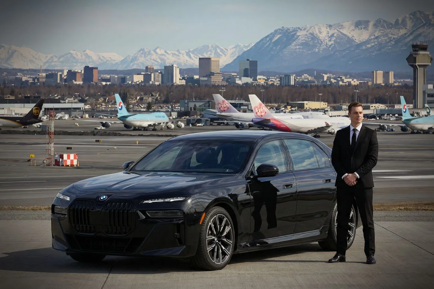 Black luxury sedan parked at Ted Stevens Anchorage International Airport terminal