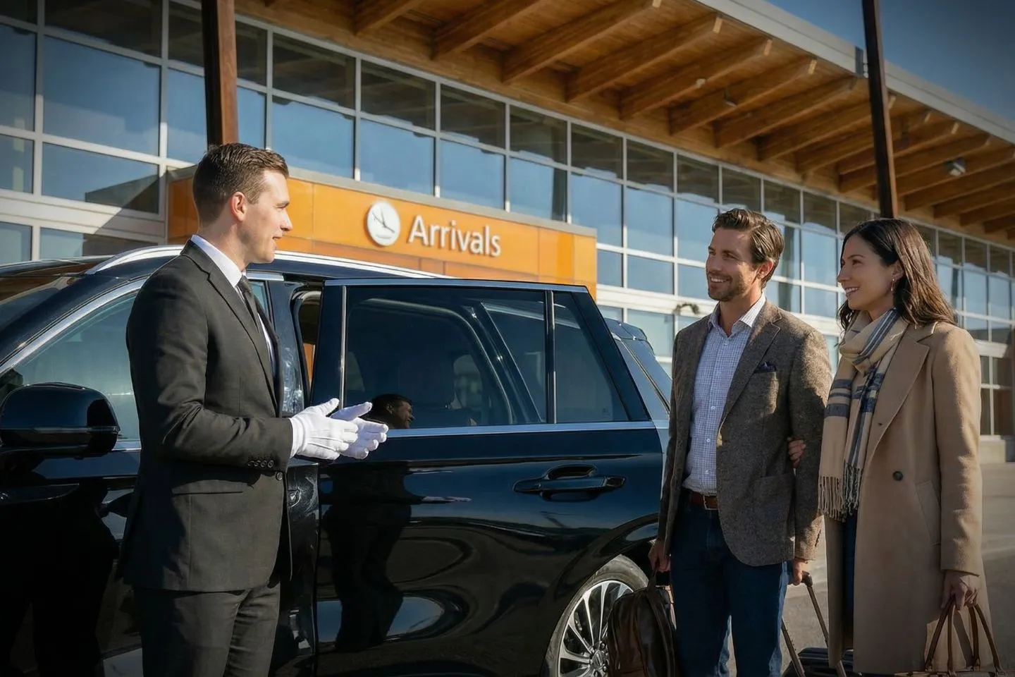 Professional chauffeur greeting passenger at FAI arrivals during winter