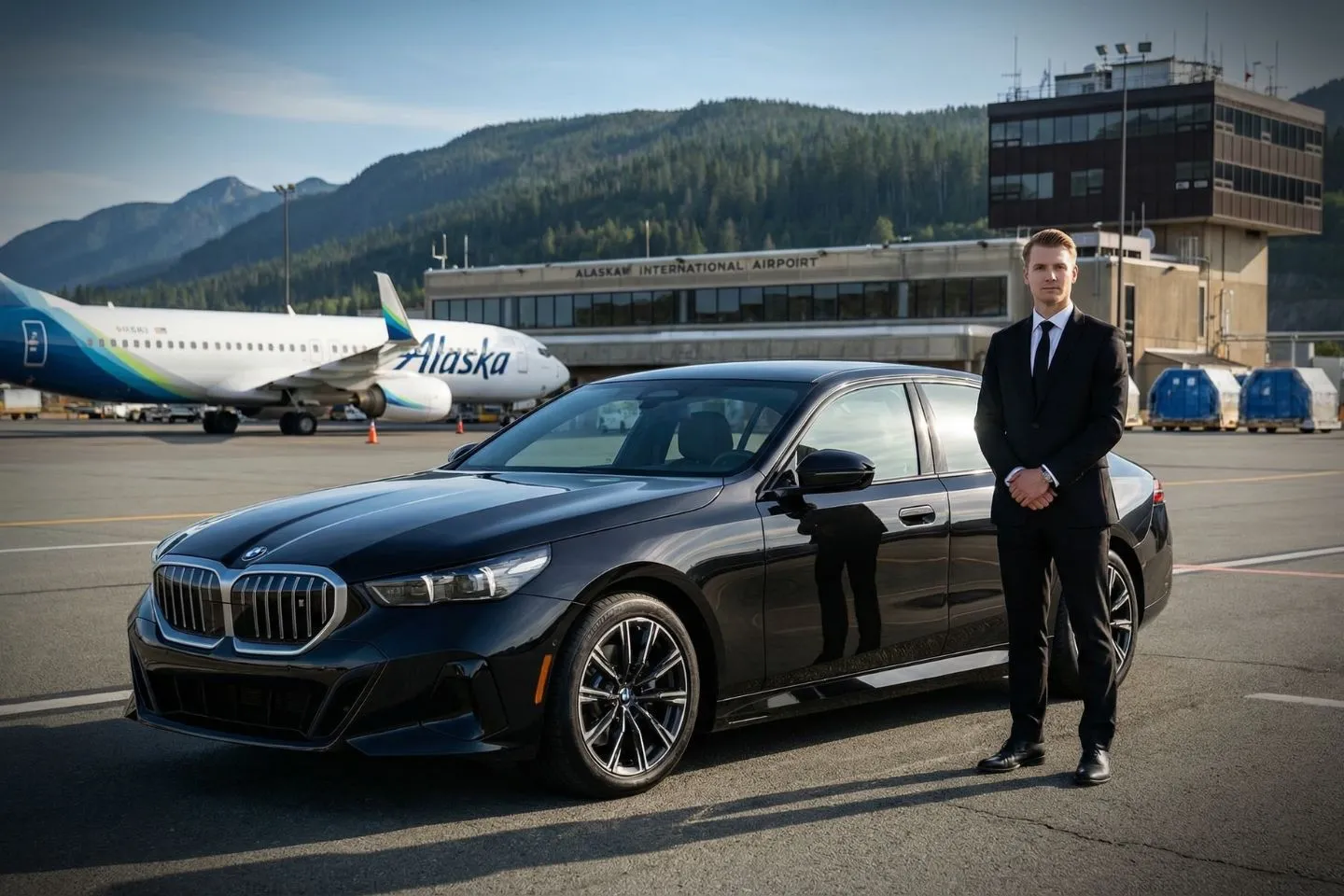Black luxury sedan parked at Juneau International Airport terminal in Alaska