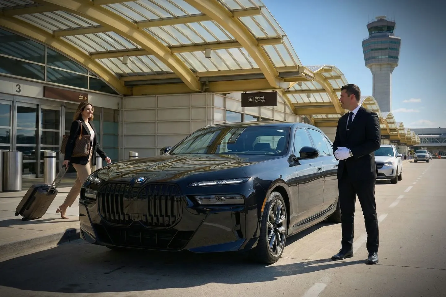 Black BMW 7 Series chauffeured car at DCA Reagan National airport for ride to Old Town Alexandria and Mount Vernon