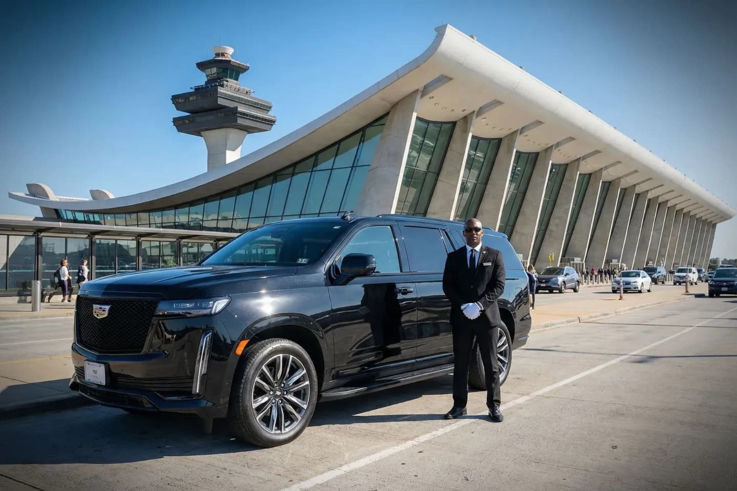 Luxury black Mercedes Benz S Class at Washington Dulles International Airport IAD main terminal curbside