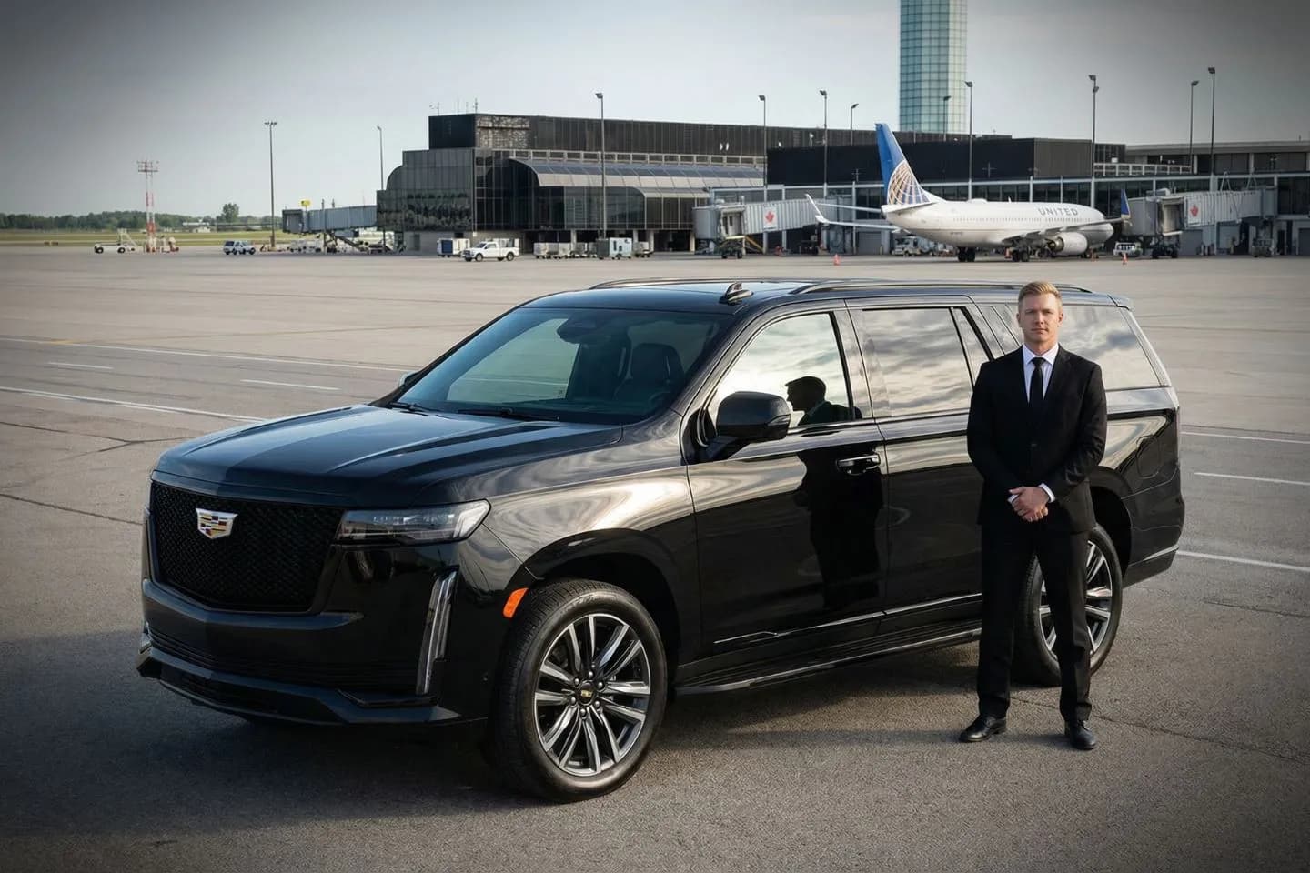 Black BMW 7 Series chauffeured car at Dulles airport for ride to Middleburg and Virginia wine country