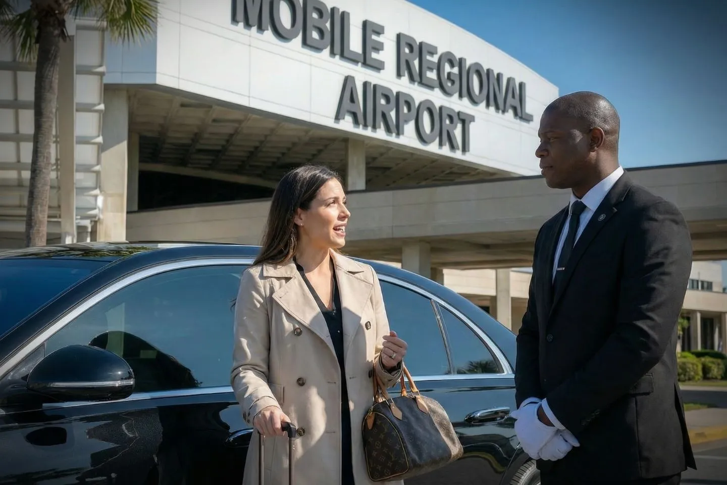 Union Limousine chauffeur greeting Mardi Gras guest at MOB Mobile Regional airport baggage claim