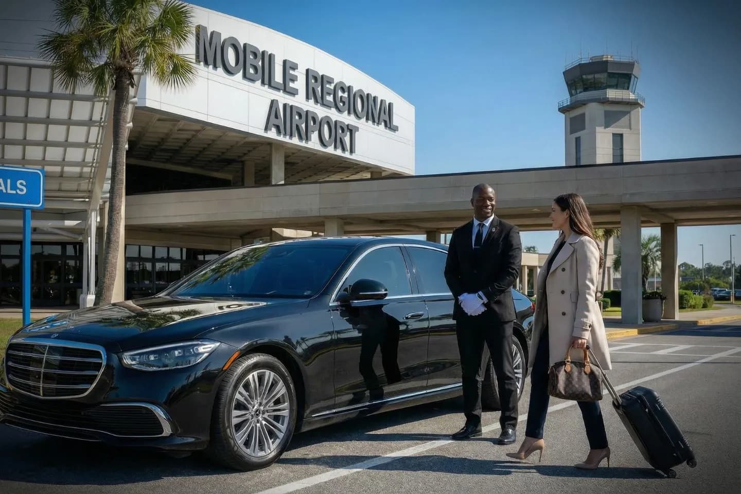 Luxury black Mercedes Benz S Class at Mobile Regional Airport MOB terminal curbside in Alabama