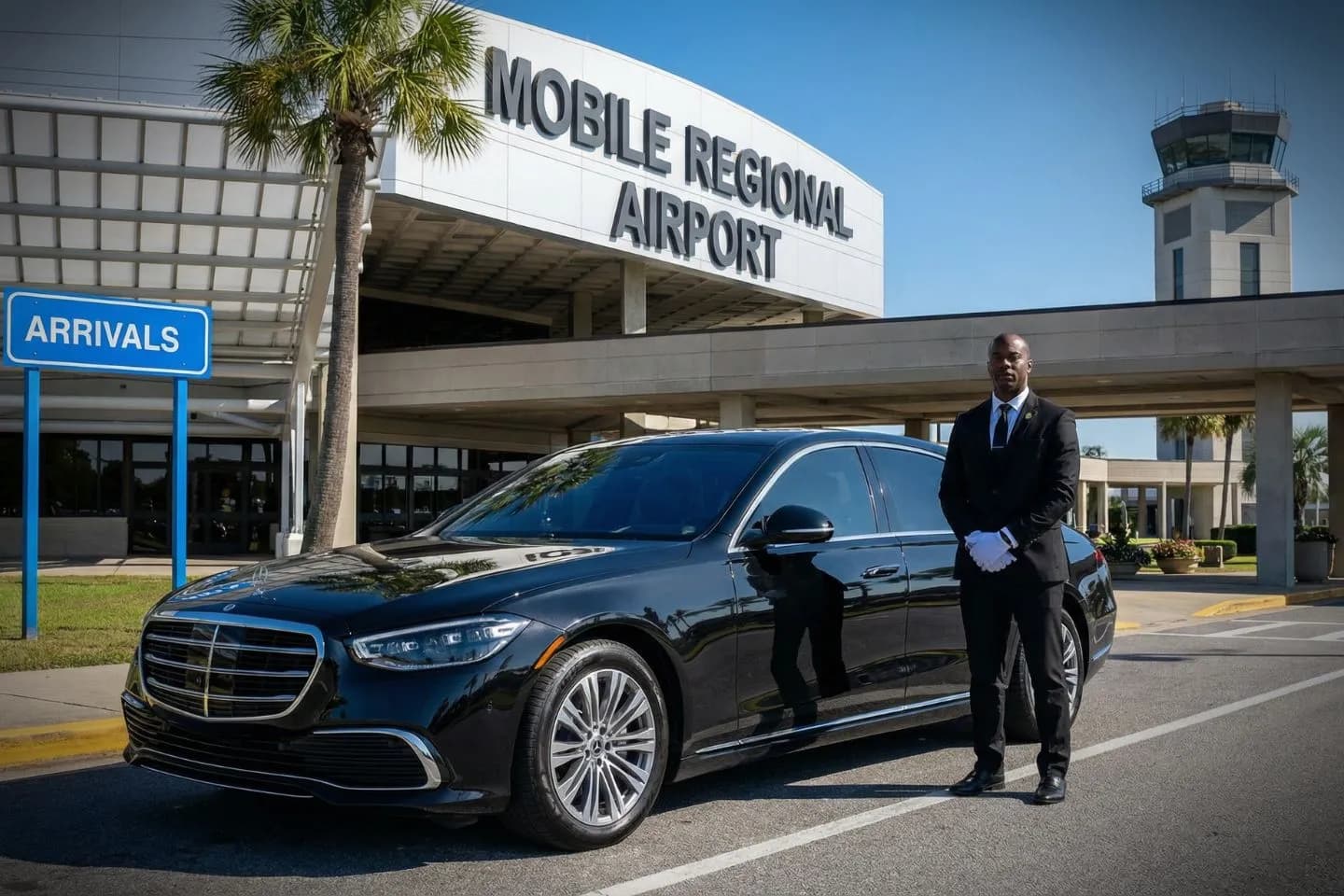Black BMW 7 Series chauffeured car at Mobile airport for ride to USS Alabama Battleship Memorial Park