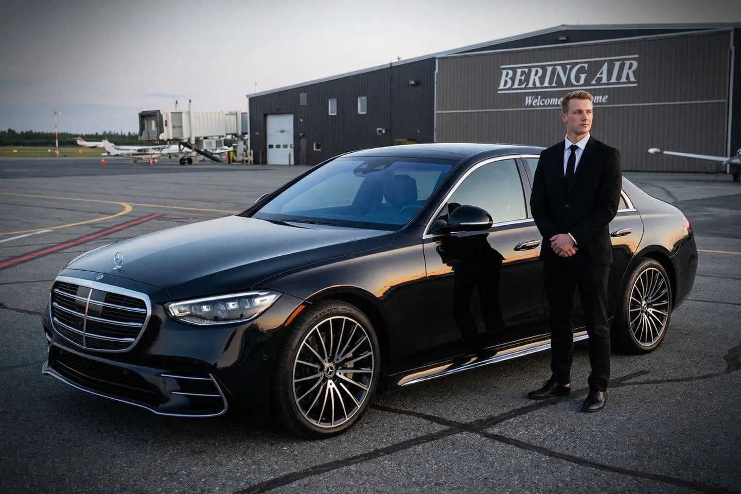 Black luxury sedan parked at Nome Airport terminal on the Seward Peninsula