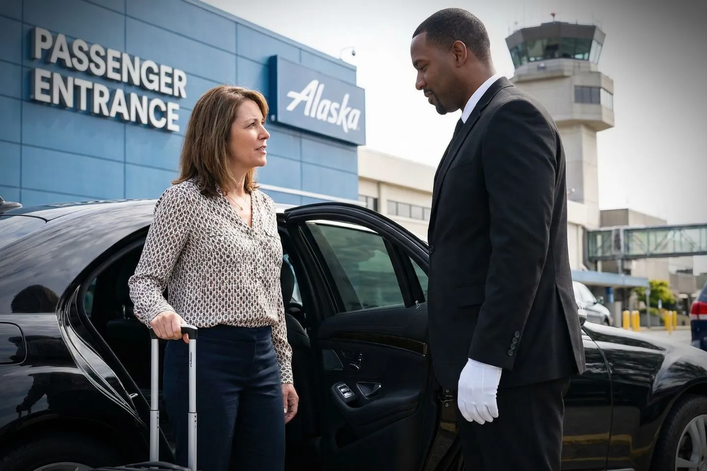 Professional chauffeur greeting passenger at OME arrivals area in Alaska