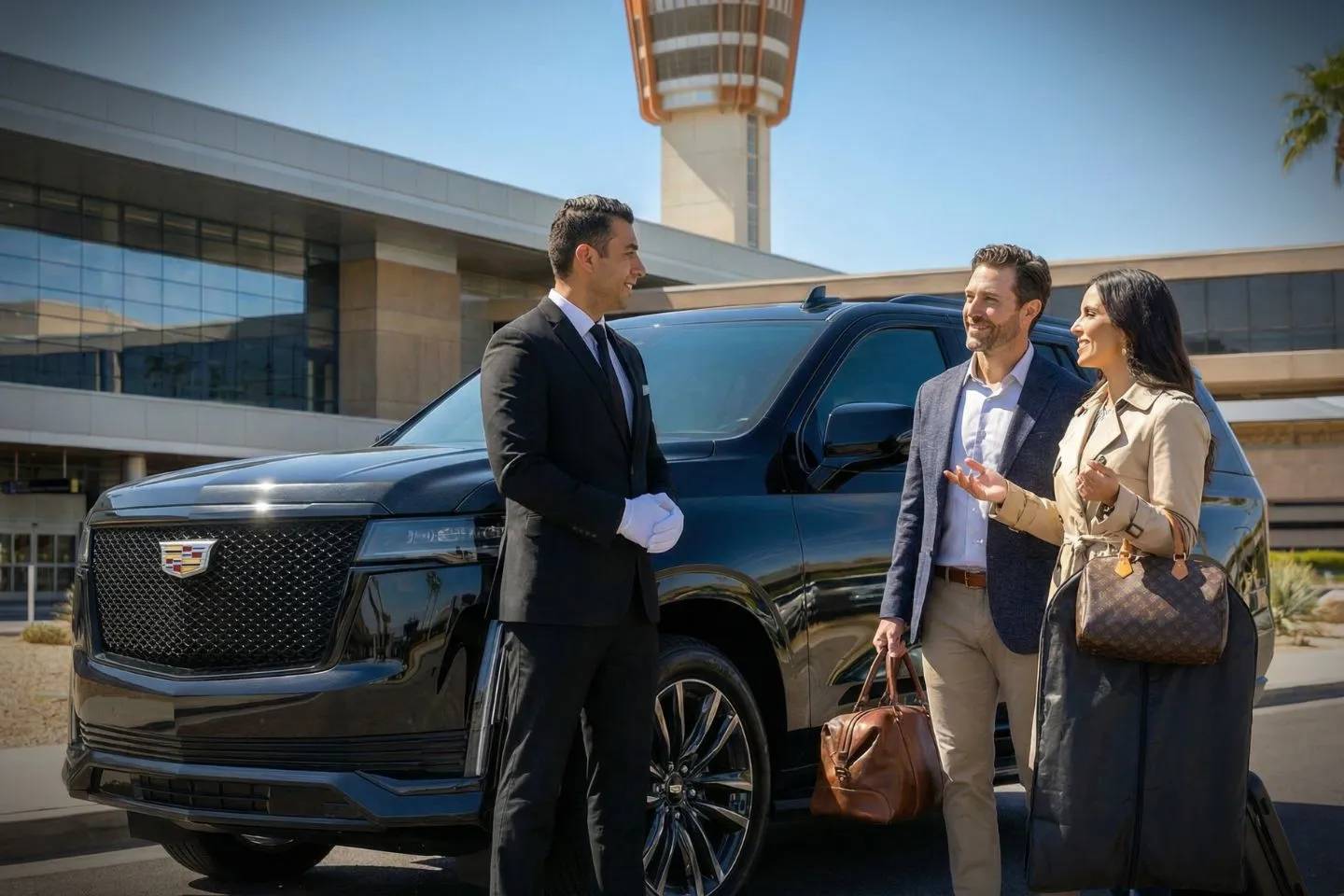 Professional chauffeur greeting passenger at PHX baggage claim arrivals