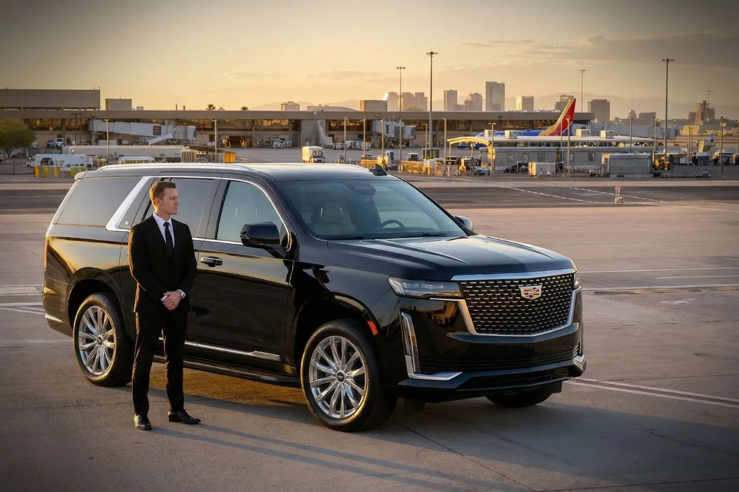 Black luxury sedan parked at Phoenix Sky Harbor International Terminal 4 curbside