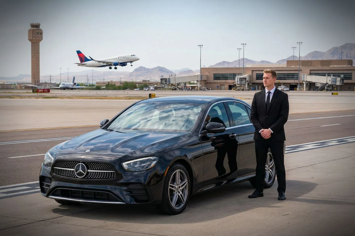 Black luxury sedan parked at Tucson International Airport terminal curbside