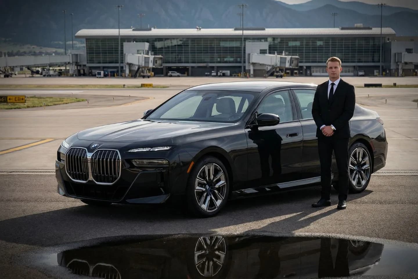 Luxury black Mercedes Benz S Class at Rocky Mountain Metropolitan Airport BJC terminal curbside in Broomfield Colorado