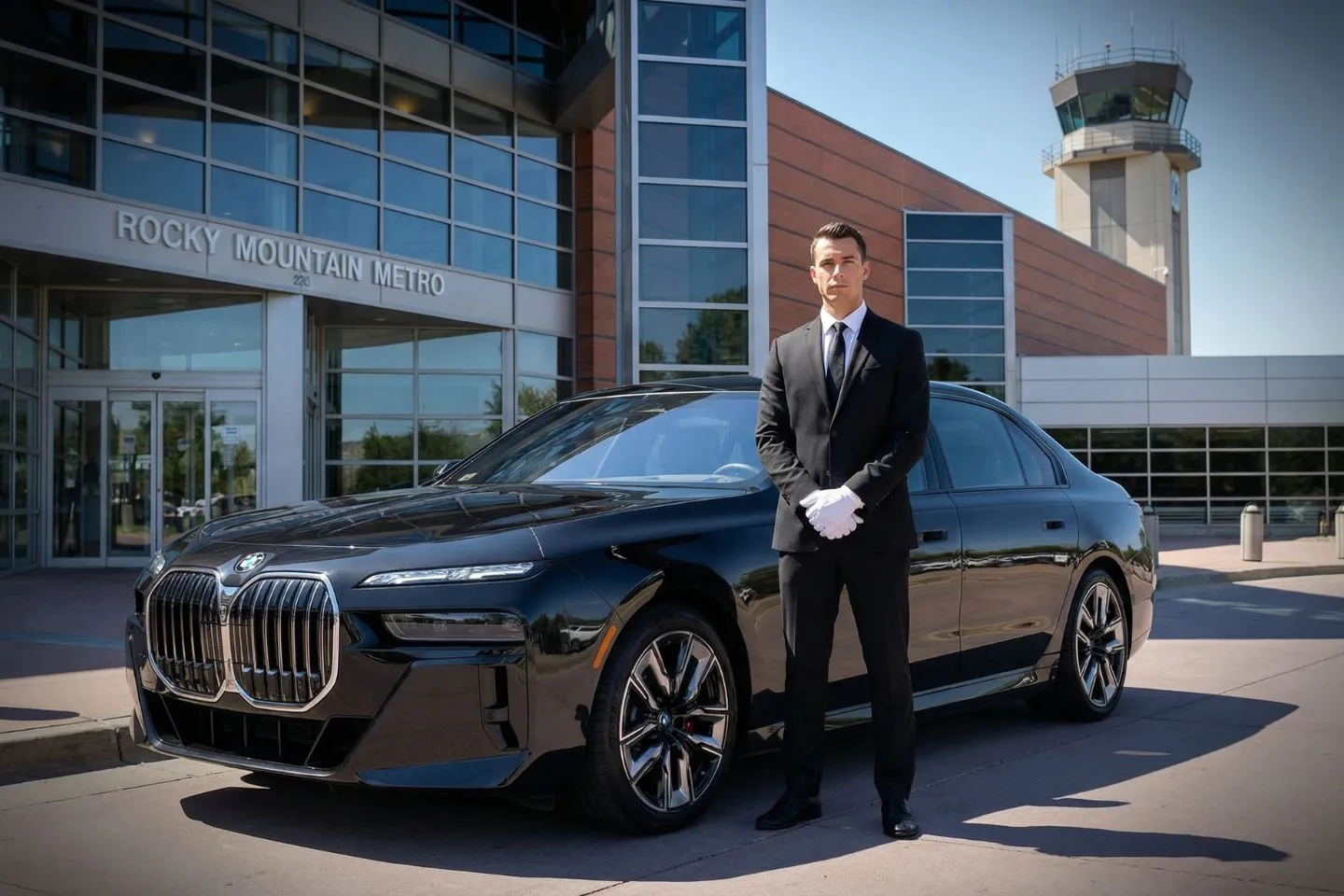 Union Limousine chauffeur greeting corporate aviation guest at BJC Rocky Mountain Metropolitan airport