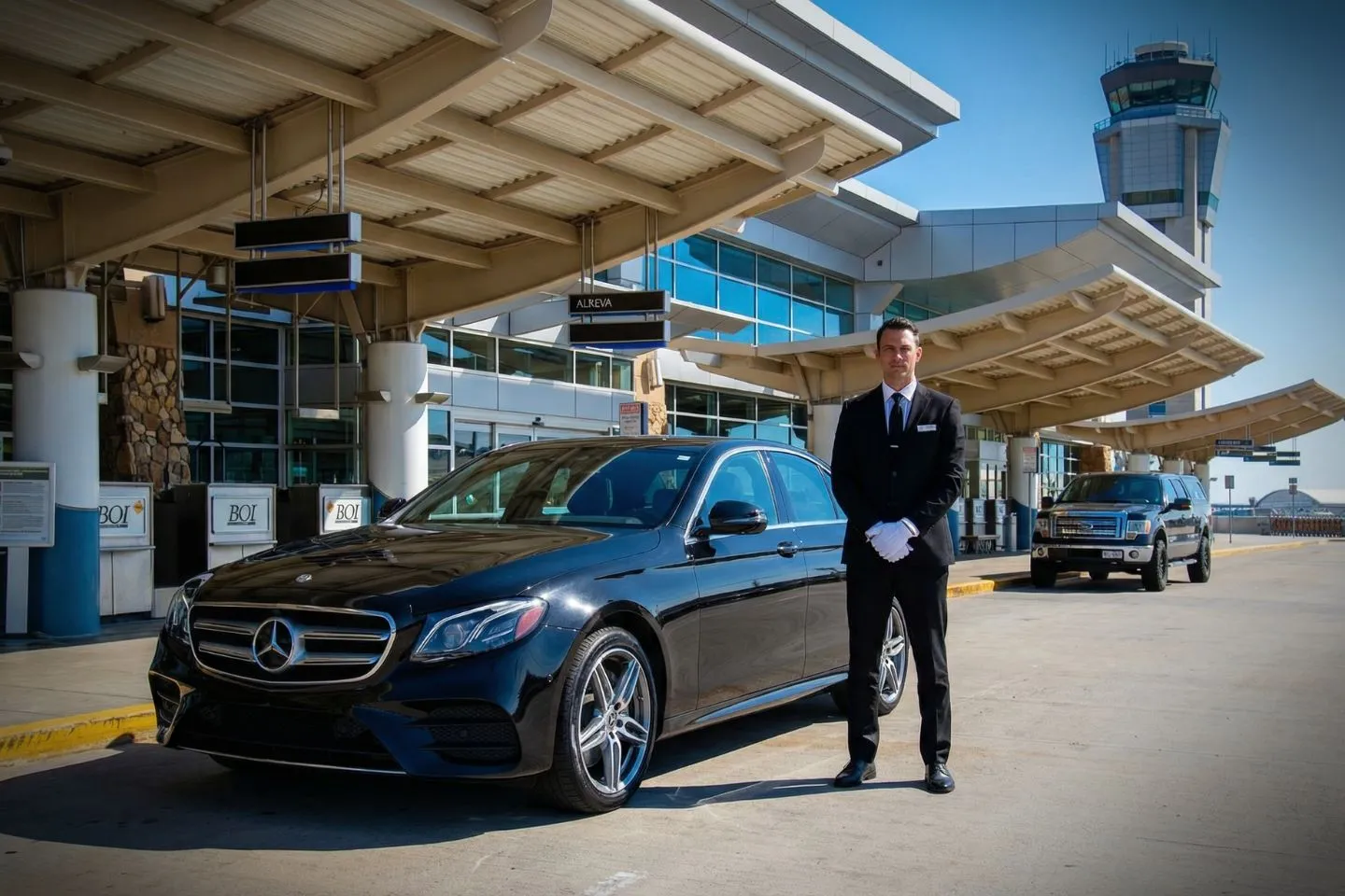 Union Limousine chauffeur greeting executive at BOI Boise Airport baggage claim