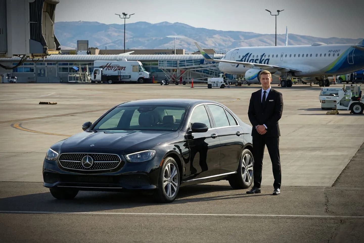 Luxury black Mercedes Benz S Class at Boise Airport BOI terminal curbside in Idaho