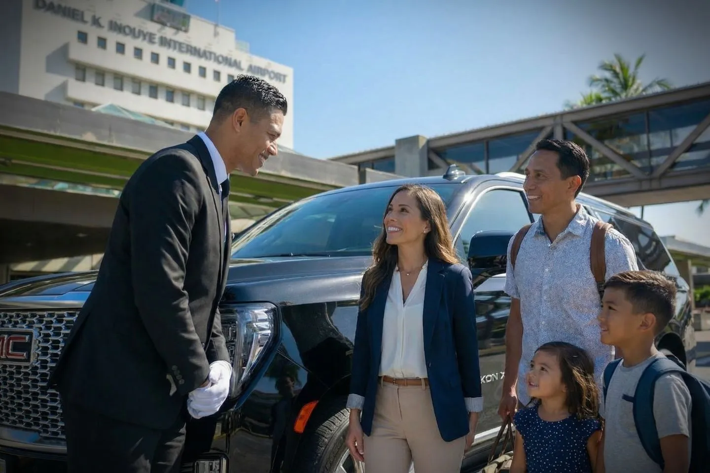 Professional chauffeur greeting passenger at HNL baggage claim arrivals area