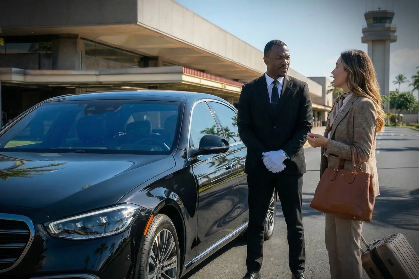 Professional chauffeur greeting passenger at OGG arrivals baggage claim