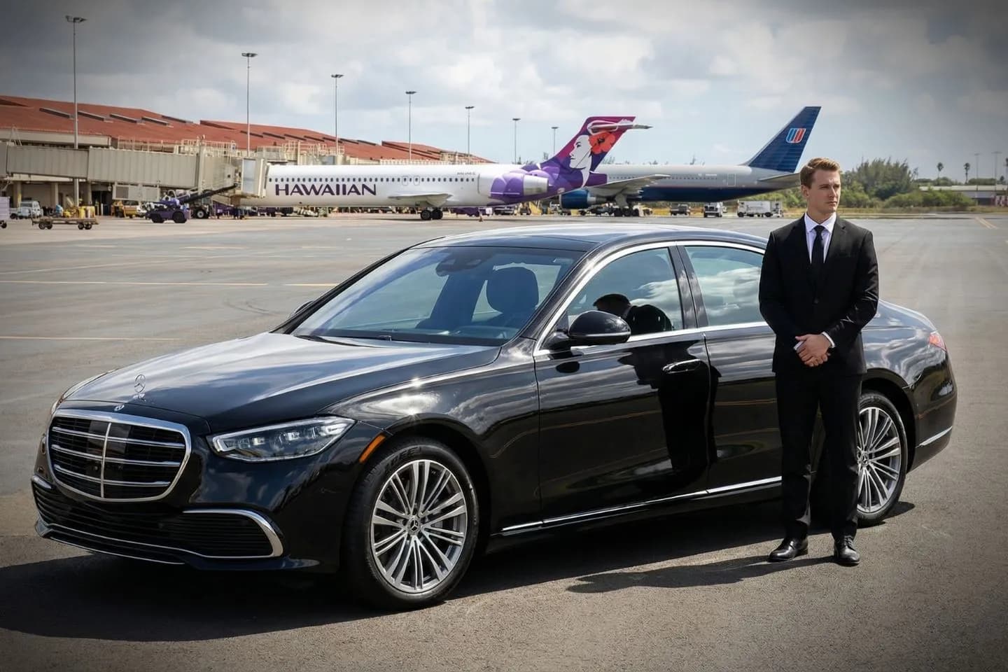 Black luxury sedan parked at Kahului Airport terminal curbside on Maui