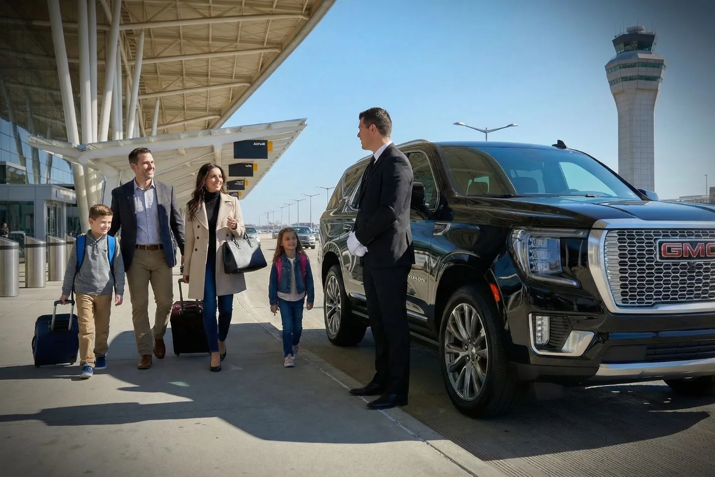 Black Cadillac Escalade chauffeured car at Indianapolis airport for ride to Lucas Oil Stadium and Indianapolis Colts game